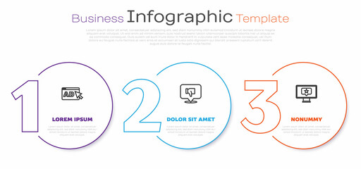 Set line Advertising, Dislike speech bubble and Monitor with star. Business infographic template. Vector