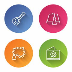 Set line Lute, Turkish hat, Rosary beads religion and Octagonal star. Color circle button. Vector