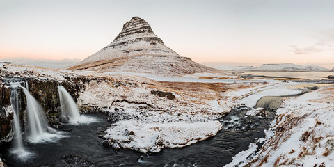 Kirkjufell mountain and waterfall at sunrise, Iceland