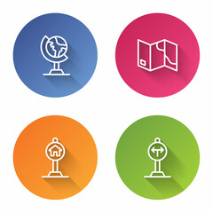 Set line Earth globe, Folded map, Hotel sign for traffic and Fork in the road. Color circle button. Vector