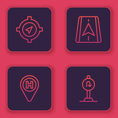 Set line Compass, Helicopter landing pad, City map navigation and Turn back road sign. Blue square button. Vector