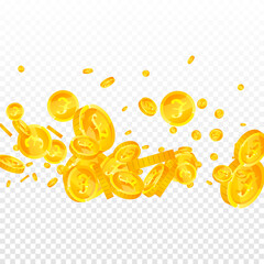 British pound coins falling. Exquisite scattered GBP coins. United Kingdom money. Magnetic jackpot, wealth or success concept. Vector illustration.