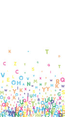 Falling letters of English language. Bright handdrawn flying words of Latin alphabet. Foreign languages study concept. Exotic back to school banner on white background.