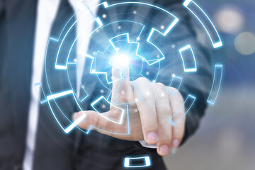 Creating innovative technologies. Business hand touching on data network connection. Science and artificial intelligence technology. Concept of innovation and futuristic.