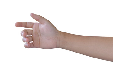 Child hand holding something like a bottle isolated on white background, Include clipping path.