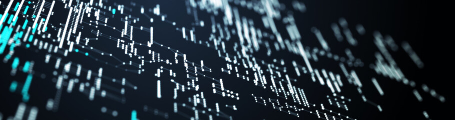 Big Data technology background. Microchip and computer parts. City of the future. 3d rendering