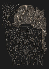 Vector hand drawn modern city witch back in a jacket with stars. Woman sorceress with long wavy hair holds a shining magic stick in her hand. Decorated graphic illustration. Yellow lines on brown back