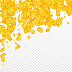 American dollar coins falling. Delightful scattered USD coins. USA money. Fantastic jackpot, wealth or success concept. Vector illustration.