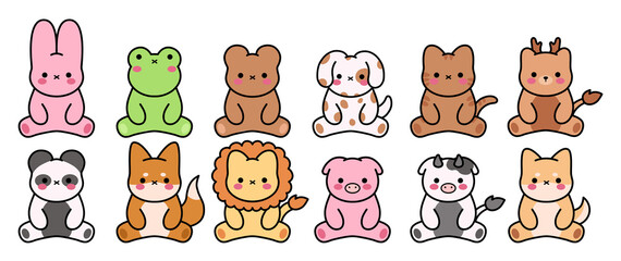 Zoo collection.Set of cute animals cartoon character design.Dog,cat,rabbit,bear,lion,deer,frog,cow,pig, fox, panda hand drawn.Image.Art.Kid graphic.Isolated.Sticker.Collection.Vector.Illustration.