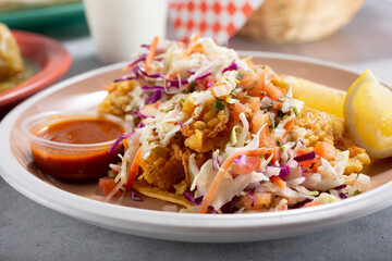 A view of a plate of fish tacos.agriculture, art, background, batter, cabbage, copy, deep fried, dish, drink, food photography, fork, fruit, home, ingredient, kitchen, latin, lemon, lifestyle, menu, m
