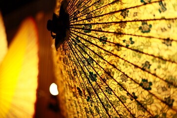 ライトアップされた伝統工芸の美しい和傘