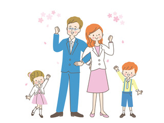 スーツ姿の笑顔の両親と子供達