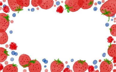 Obraz premium 水彩画。水彩タッチで描いたいちごのイラストフレーム。いちごとベリーの装飾フレーム。Watercolor. Strawberry illustration frame drawn with a watercolor touch. Strawberry and berry decorative frame.
