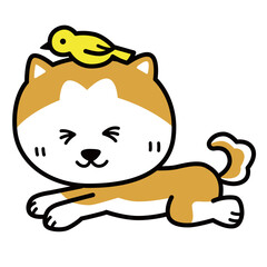 笑っている秋田犬の頭の上に、黄色い鳥が乗っているイラスト。
楽しくて、かわいいベクターイラスト。