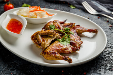 fried chicken tobacco on a white plate with sauce on dark stone table