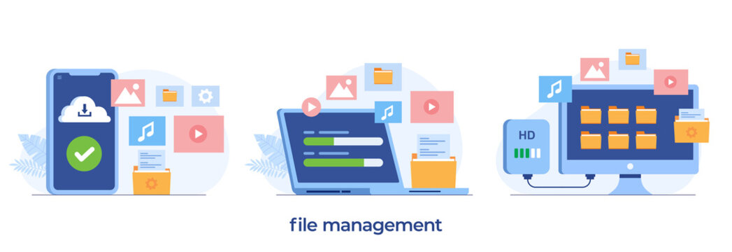 File management, data filing concept, folder file. hard disk flat illustration vector banner