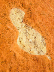 Stain on a sandstone cliff bisected by a shifted fault