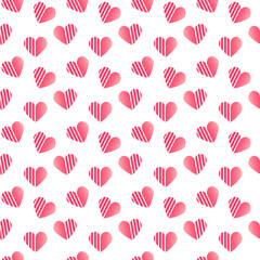 Pattern with pink striped hearts. Festive illustration for Valentines Day, birthday, weddings. Vector illustration isolated on white background. For souvenir shops, prints, labels, logos and social