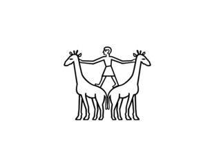 Two hand drawn giraffes and a person riding on them isolated on white background. Animal training, love concept. Funny or playful Animals. 