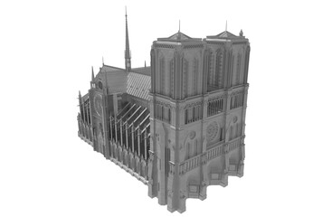 Colorful Illustration of Notre Dame Cathedral (Paris, France). Landmark of Paris. 3D