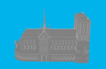Colorful Illustration of Notre Dame Cathedral (Paris, France). Landmark of Paris. 3D