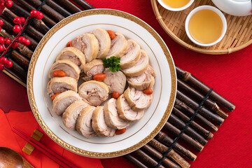 Delicious sliced chicken roll soaked in Chinese wine for lunar new year's dishes.