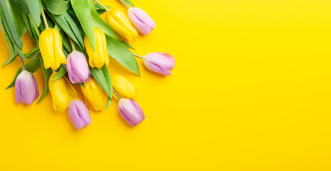 Spring floral background with multicolored tulips on yellow background. Top view. Copy space
