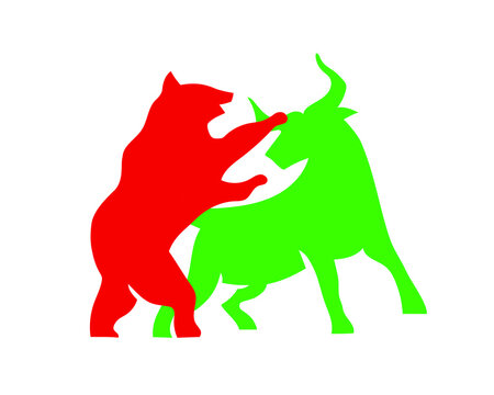 Silhouette Of Bull And Bear Illustrations. A Market Sentiment Symbolizing The Growth And Crash. An Illustration Collection For Market Updates.