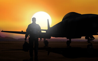 Fighter pilot walking to aboard jet fighter on airfield - obrazy, fototapety, plakaty