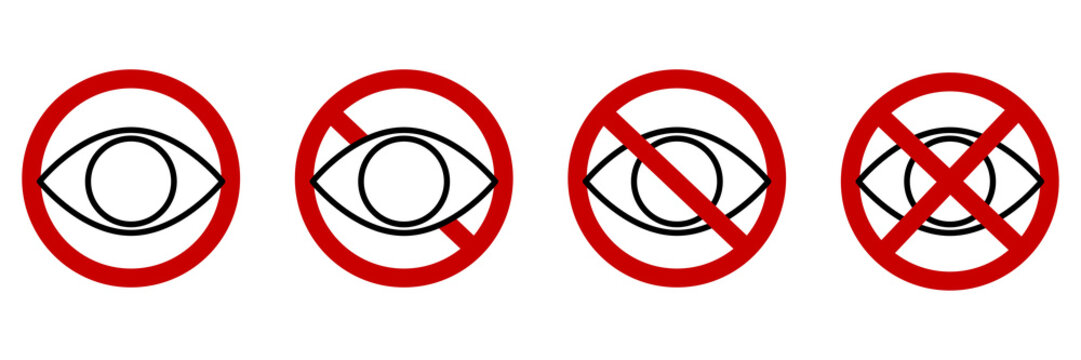 No eye icon set. Red circle. Prohibited symbols. Private icon. Password element. Vector illustration. Stock image. 