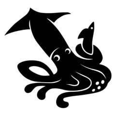 イカが餌木（エギ）を持っているベクターシルエットイラスト。