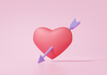 3D icon a red heart pierced through with arrow on pink background Cartoon minimal cute smooth. Valentine's Day concept. 3d render illustration