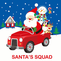 christmas card with santa claus, snowman, penguin and reindeer on a car