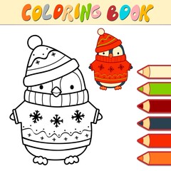 Coloring book or page for kids. Christmas penguin black and white  illustration