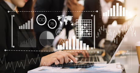 Investor analyzing stock market report and financial dashboard with business intelligence , with key performance indicatorsBusiness team meeting. Photo professional investor working new  project .