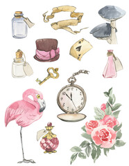 Set of stickers bottle, hat, flamingo, key, vintage pocket watch, cards