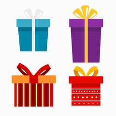 Gift boxes set. Christmas or birthday presents with colorful wrap, ribbons, and bows greeting cards elements isolated