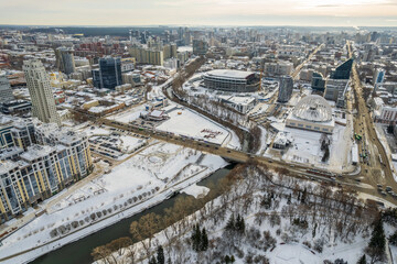 Yekaterinburg aerial panoramic view at Winter in cloudy day. Ekaterinburg is the fourth largest city in Russia located in the Eurasian continent on the border of Europe and Asia.