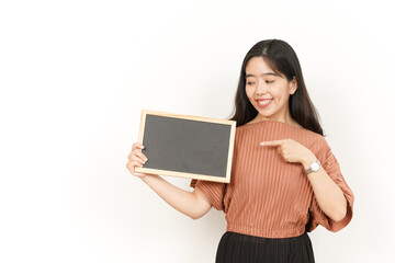 Fototapeta premium Showing, Presenting and holding Blank Blackboard Of Beautiful Asian Woman Isolated On White