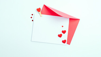 Valentines day background. Red heart, romantic gift on love white background. Valentine heart decoration for flat lay banner with copy space.