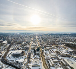 Yekaterinburg aerial panoramic view at Winter in cloudy day. Ekaterinburg is the fourth largest city in Russia located in the Eurasian continent on the border of Europe and Asia.