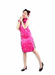 Chinese new year woman concept, Asian woman wearing pink Cheongsam dress isolated on white background	