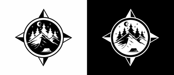 logo design in the shape of a compass with an illustration of a pine tree mountain © heri