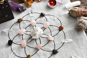 A top view image of a crystal healing grid using a clear quartz crystal with rose quartz and white...