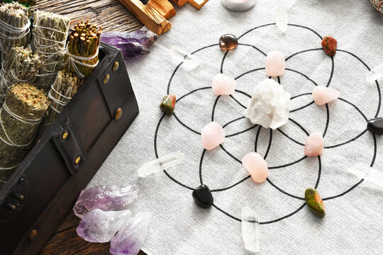 A top view image of a crystal healing grid using a clear quartz crystal with rose quartz and white sage smudge bundles. 