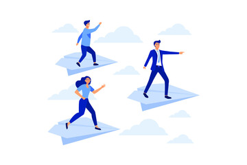 Businessman balancing on the paper planes searching for business opportunity.