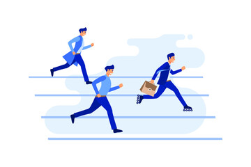 Fototapeta na wymiar White collar workers in black suit racing on running track and a smart one carrying briefcase gets ahead by wearing inline skates. Creative vector cartoon illustration for business concept.