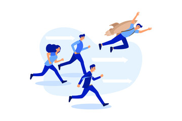Happy young businessman ahead of its competitors on the rocketThe concept of victory flat vector illustration 