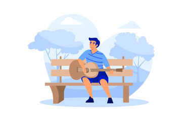 The young man sitting on the bench and playing acoustic guitar in the park.