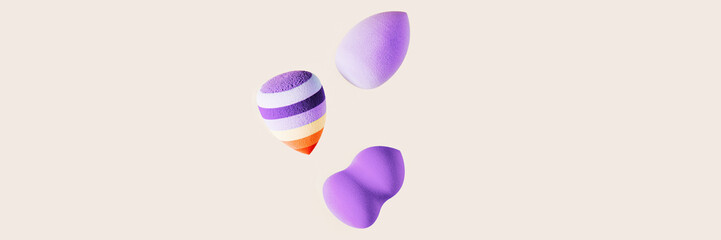 Beauty blender sponge purple color and striped bright. Make up cosmetic sponge, brush for face skin, facial applicator. Concept for salon fashion beauty makeup. Neutral pastel background, copyspace